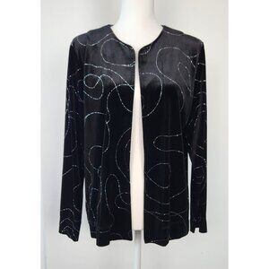 Chicos Stretchy Black Velvet Open Cardigan With Silver Thread Design, Large